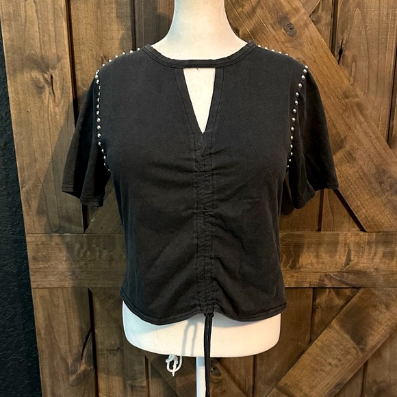 Blue B Tops - Blue B Black Mineral Wash Studded Ruched Tie Front Top
